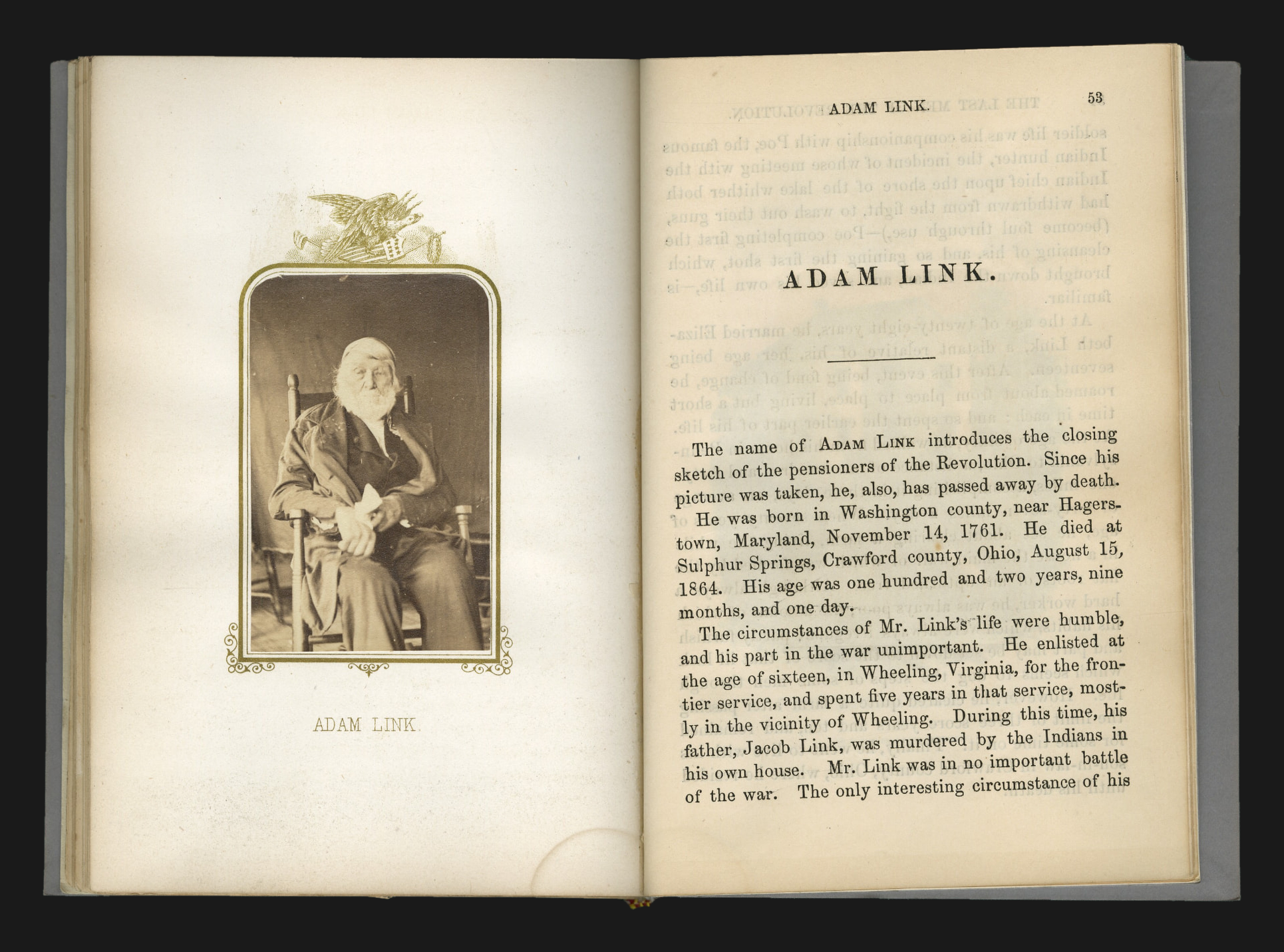 Open book spread with a hand-tipped carte-de-visite albumen portrait of Adam Link seated in a rocking chair, facing the opening page of his biographical sketch.
