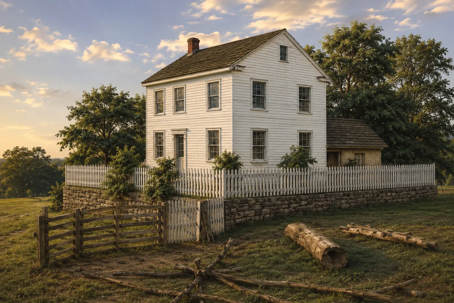 Photorealistic three-dimensional reconstruction of the white clapboard farmhouse of Adam Link, with picket fence, dry stone wall, rail gate and felled logs in the foreground at golden hour.