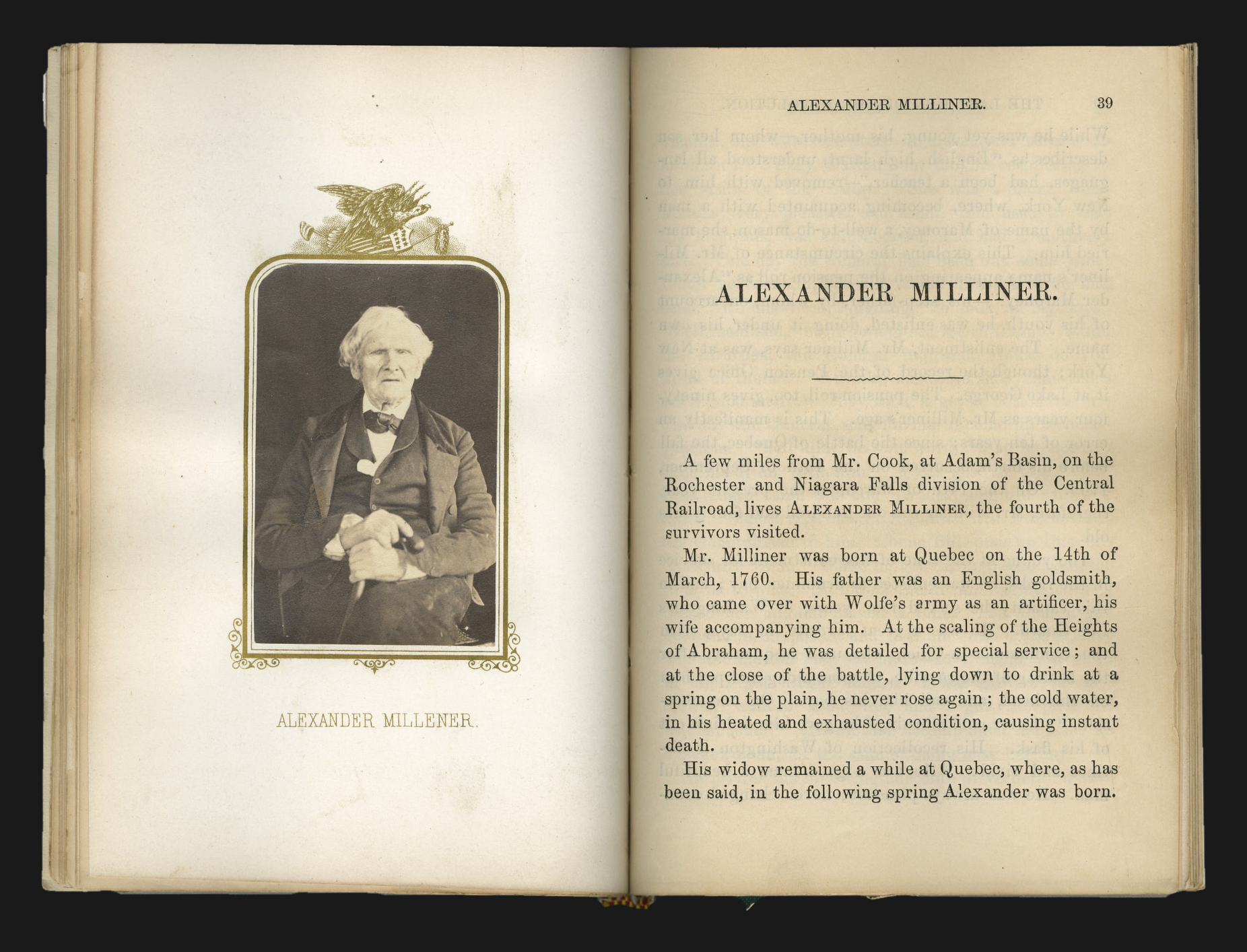 Open book spread with a hand-tipped carte-de-visite albumen portrait of Alexander Milliner seated with a cane, facing the opening page of his biographical sketch on page 39.