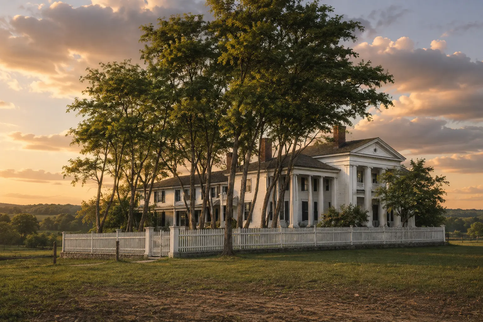 Photorealistic three-dimensional reconstruction of the long white clapboard house of Alexander Milliner with its pedimented columned portico, brick chimneys, picket fence and stone wall, screened by tall trees at sunset.