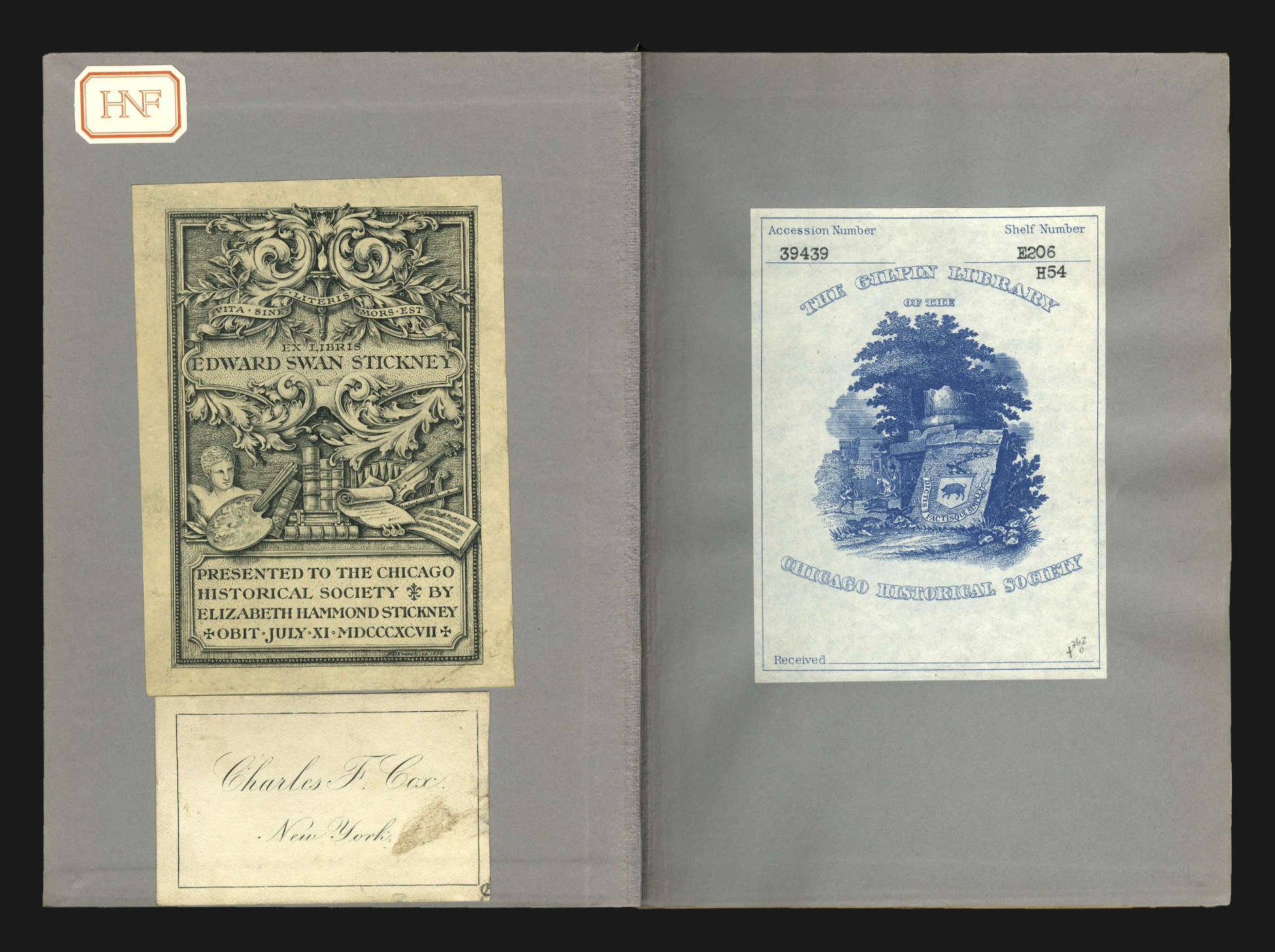 Front pastedown and facing endpaper showing the Edward Swan Stickney armorial bookplate, the calling card of Charles F. Cox of New York, and the blue Gilpin Library accession label of the Chicago Historical Society.