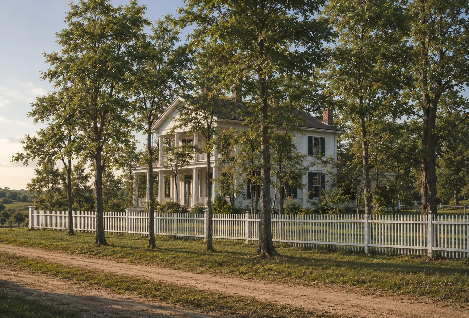 Photorealistic three-dimensional reconstruction of the white Greek Revival residence of Daniel Waldo, with columned porch, twin chimneys, white picket fence and a screen of mature trees at golden hour.