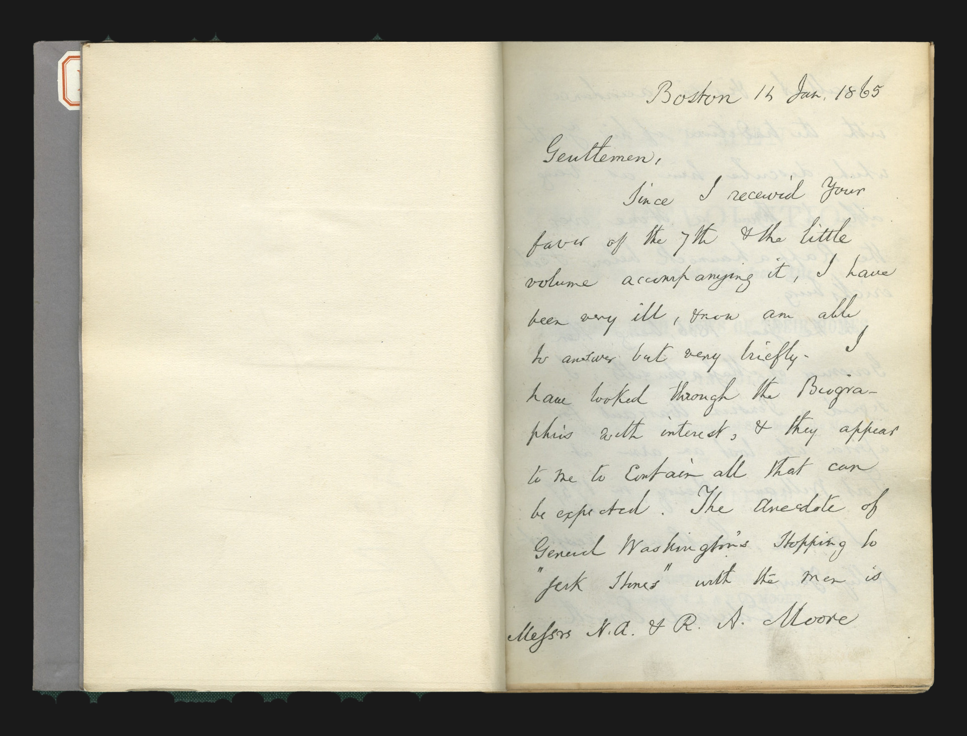 Open volume showing the first leaf of a manuscript letter signed by Edward Everett, dated Boston, 14 January 1865.