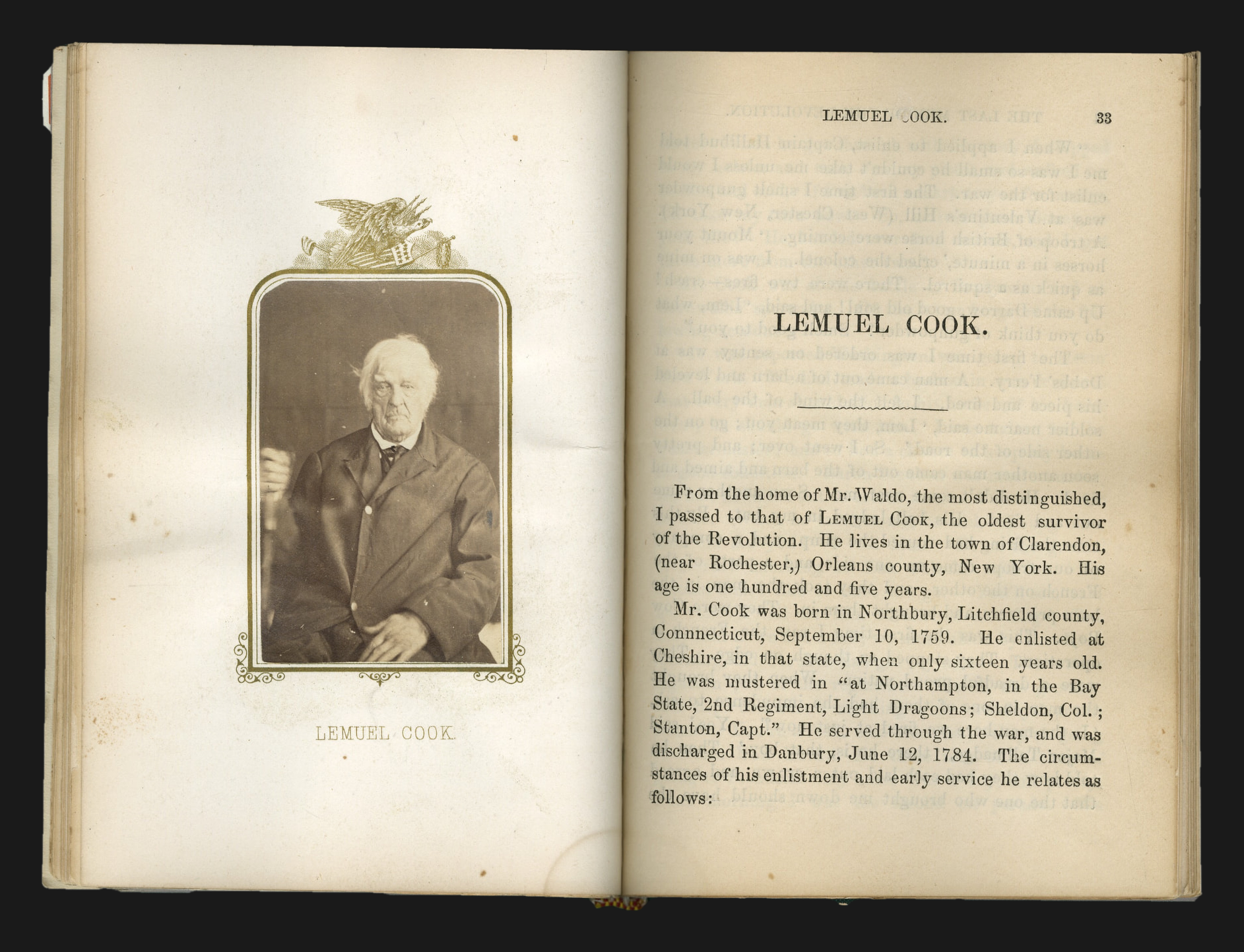 Open book spread with a hand-tipped carte-de-visite albumen portrait of Lemuel Cook seated, fist clenched, facing the opening page of his biographical sketch at page 33.