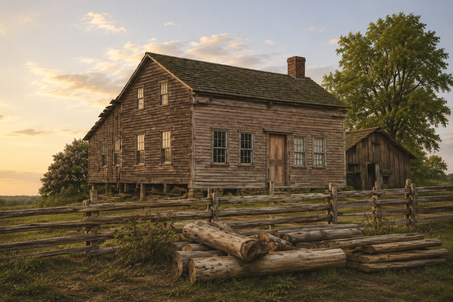 Photorealistic three-dimensional reconstruction of the weathered clapboard house of Lemuel Cook, with split rail fencing, stacked timber, a small outbuilding and a broad tree at golden hour.
