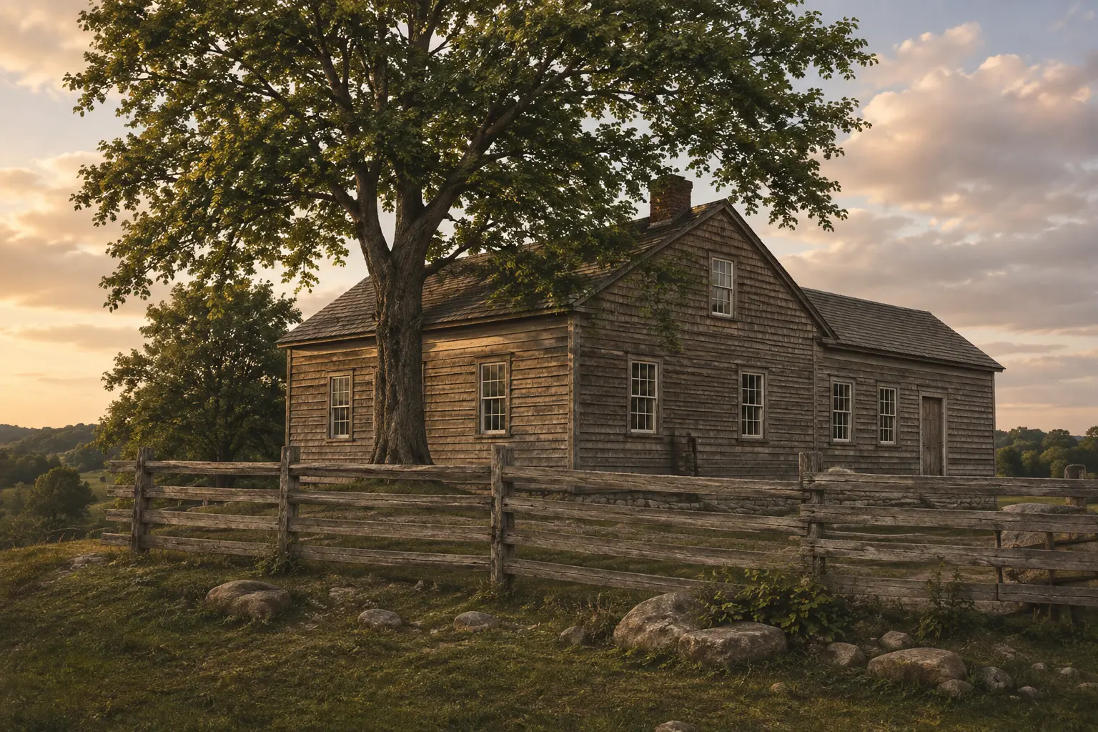 Photorealistic three-dimensional reconstruction of the weathered clapboard farmhouse of Samuel Downing, with split-rail fencing, a large spreading tree, stone-strewn dooryard and open country beyond at golden hour.