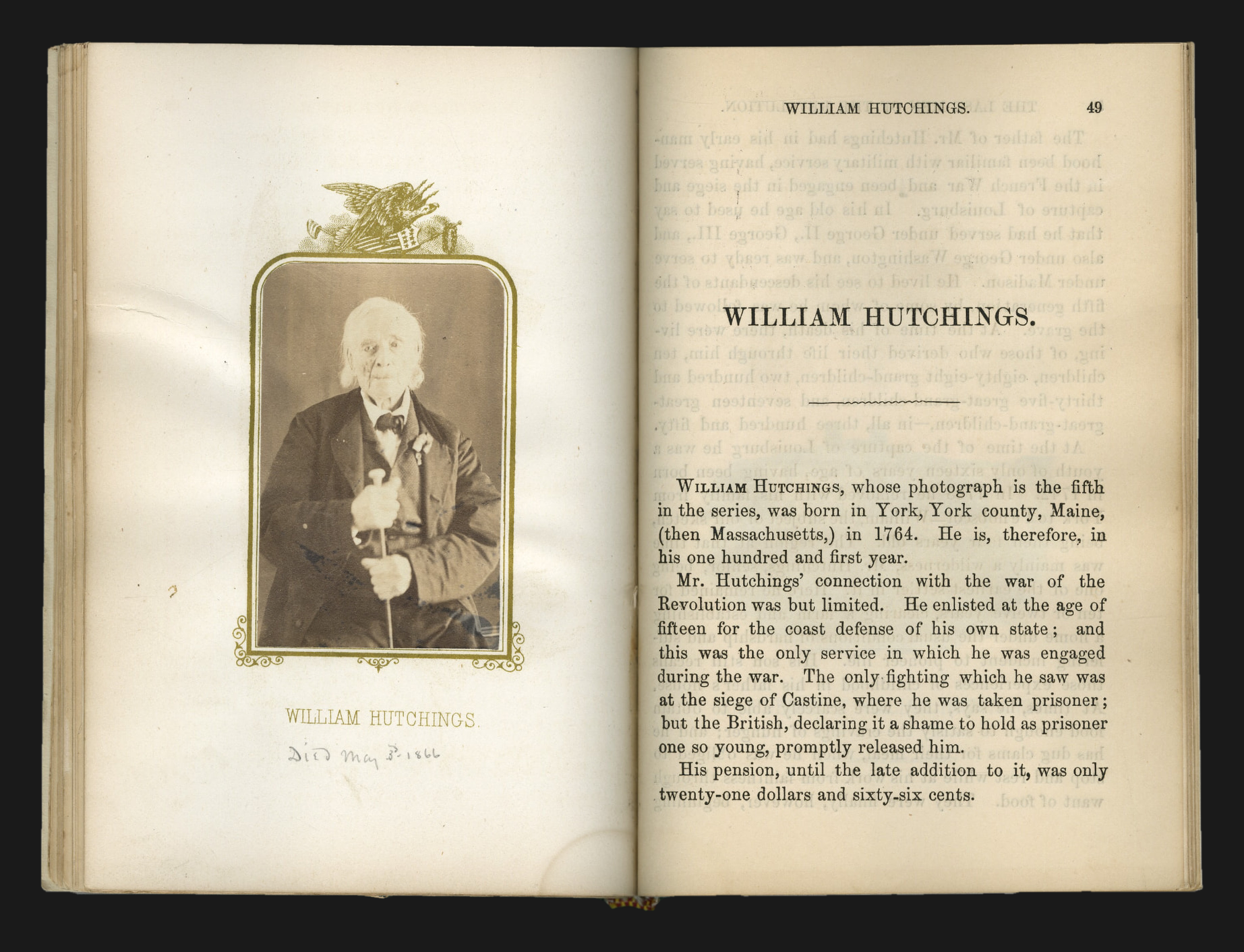 Open book spread with a hand-tipped carte-de-visite albumen portrait of William Hutchings seated with a cane, facing the opening page of his biographical sketch on page 49.