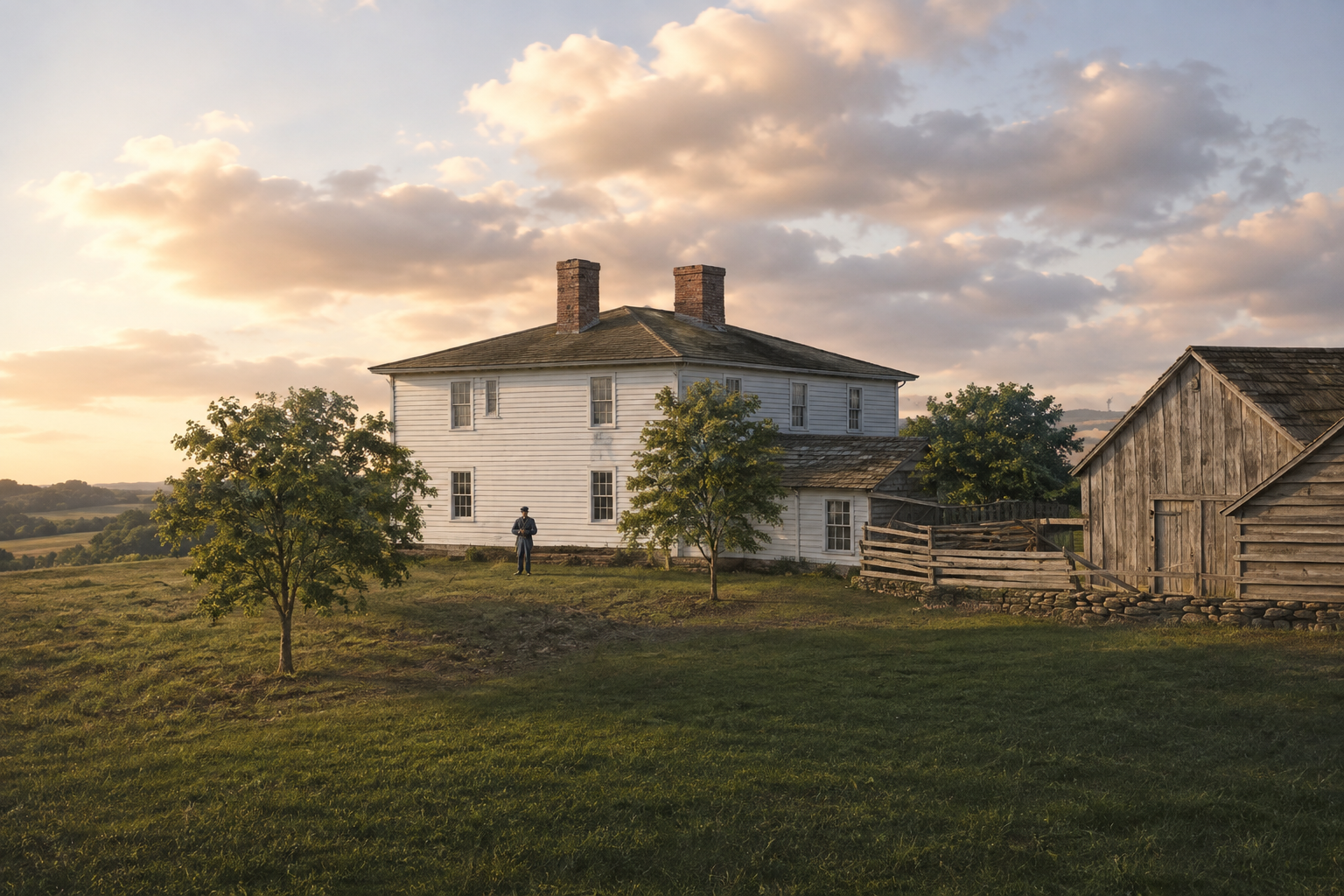 Photorealistic three-dimensional reconstruction of the twin-chimneyed white clapboard house of William Hutchings on an open rise, with rail fence, stone wall, weathered barn and a lone figure at the wall, under a clouded sunset.
